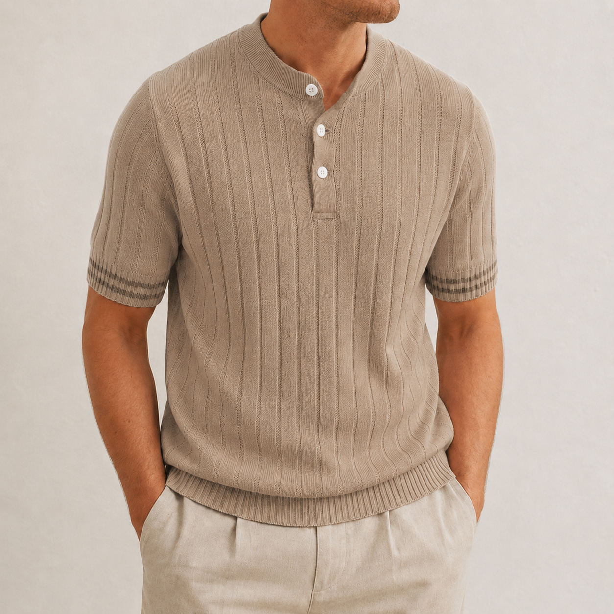 Men's ribbed henley knit shirt taupe color