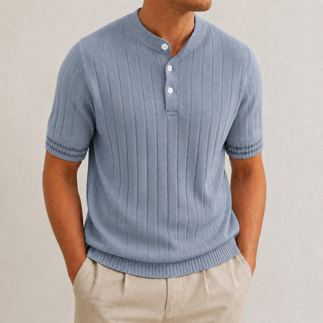 Men's ribbed henley knit shirt dusty blue color