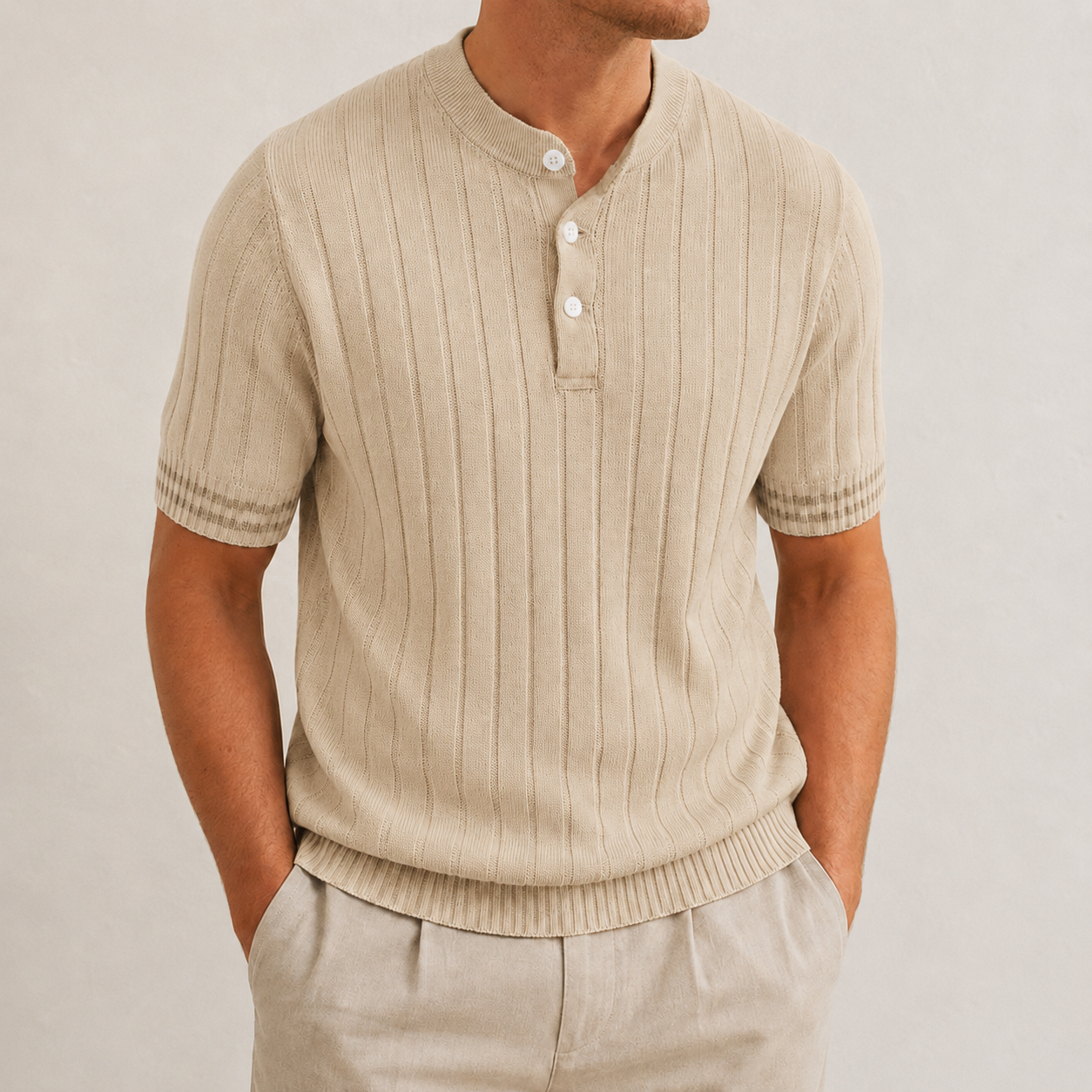 Men's ribbed henley knit shirt sand beige color