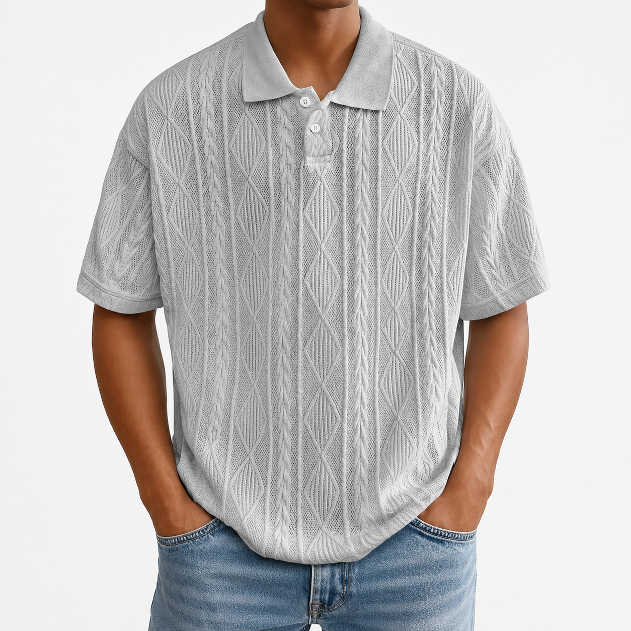 Light heather gray textured knit polo