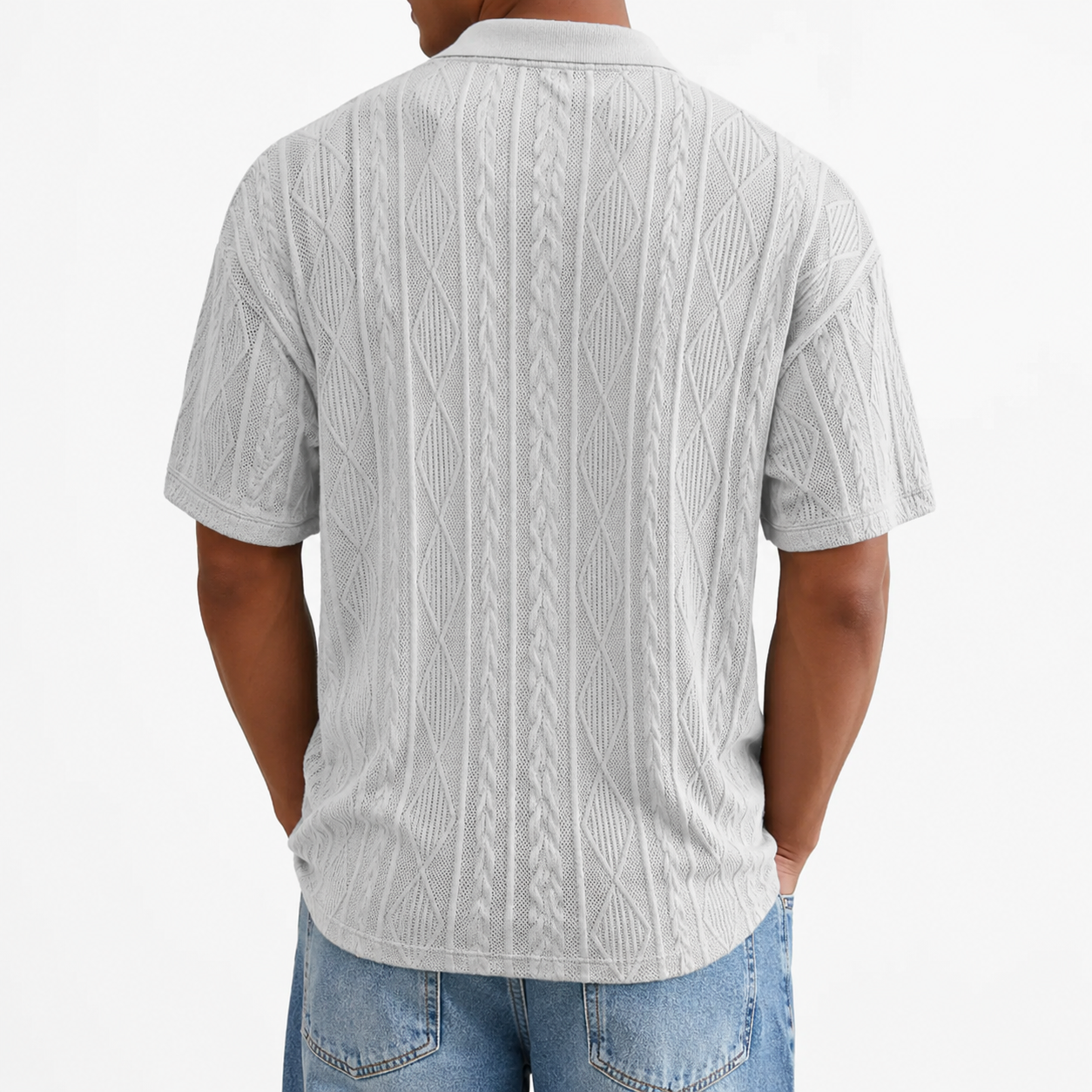 Back view of light heather gray textured knit polo