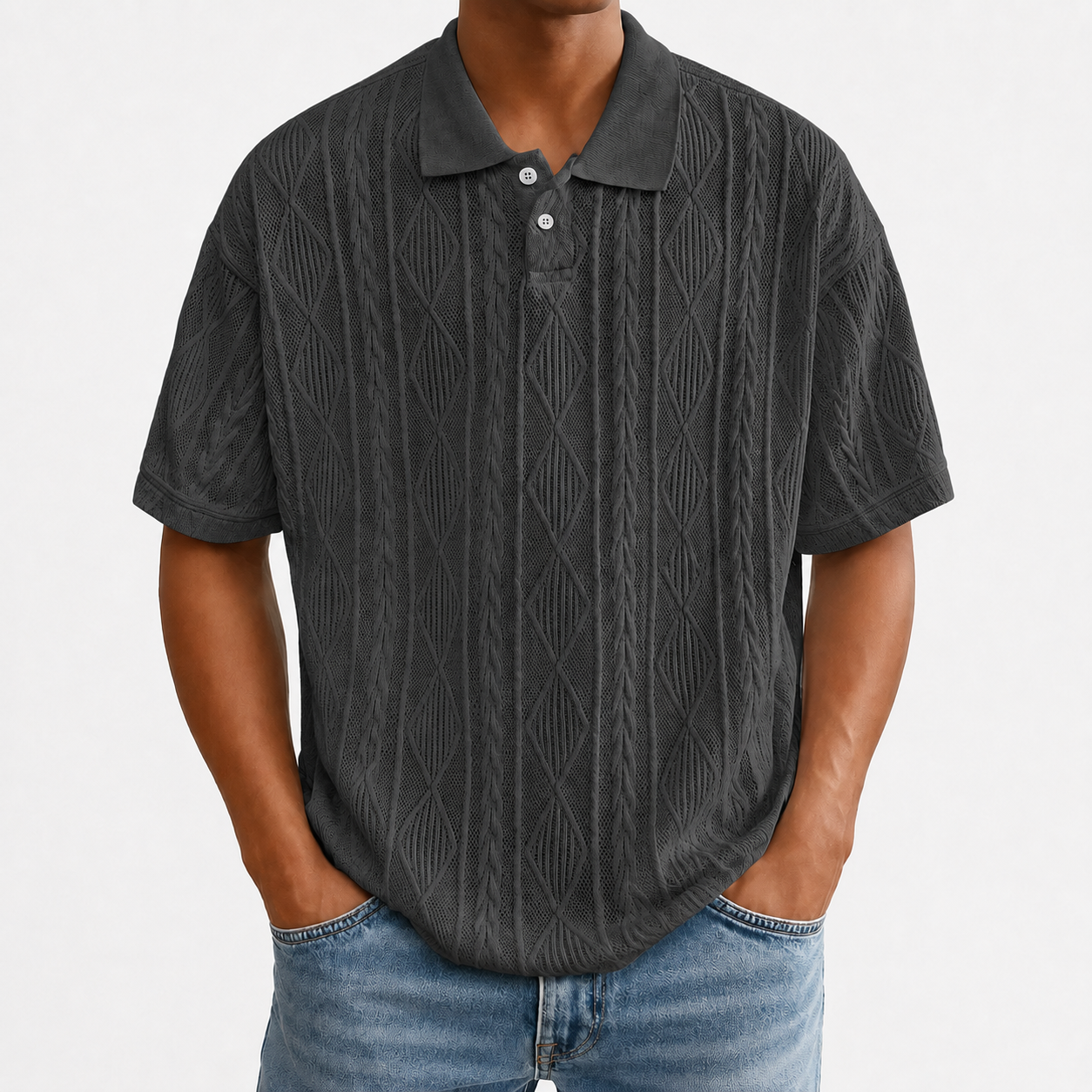Charcoal gray textured knit polo