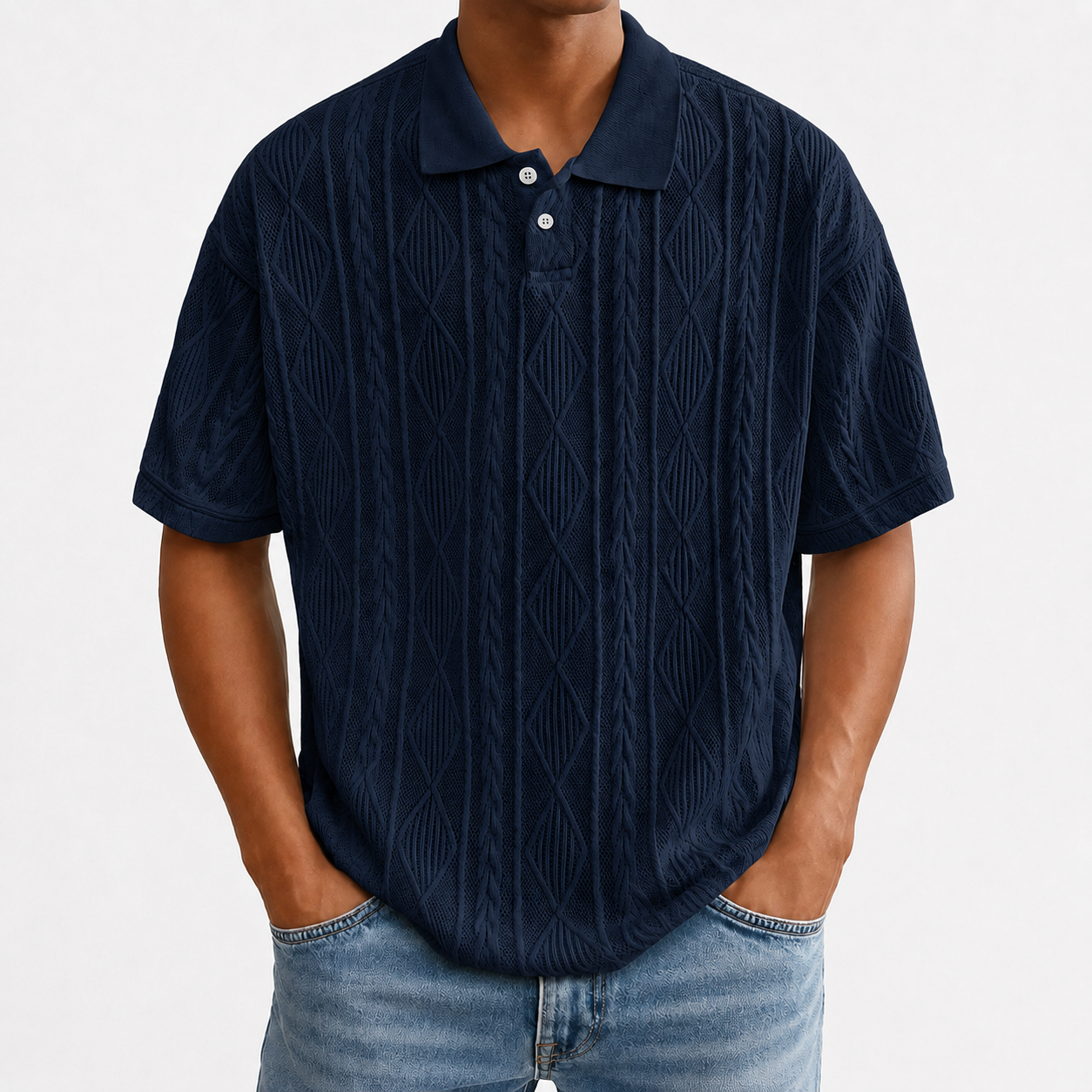 Navy blue textured knit polo