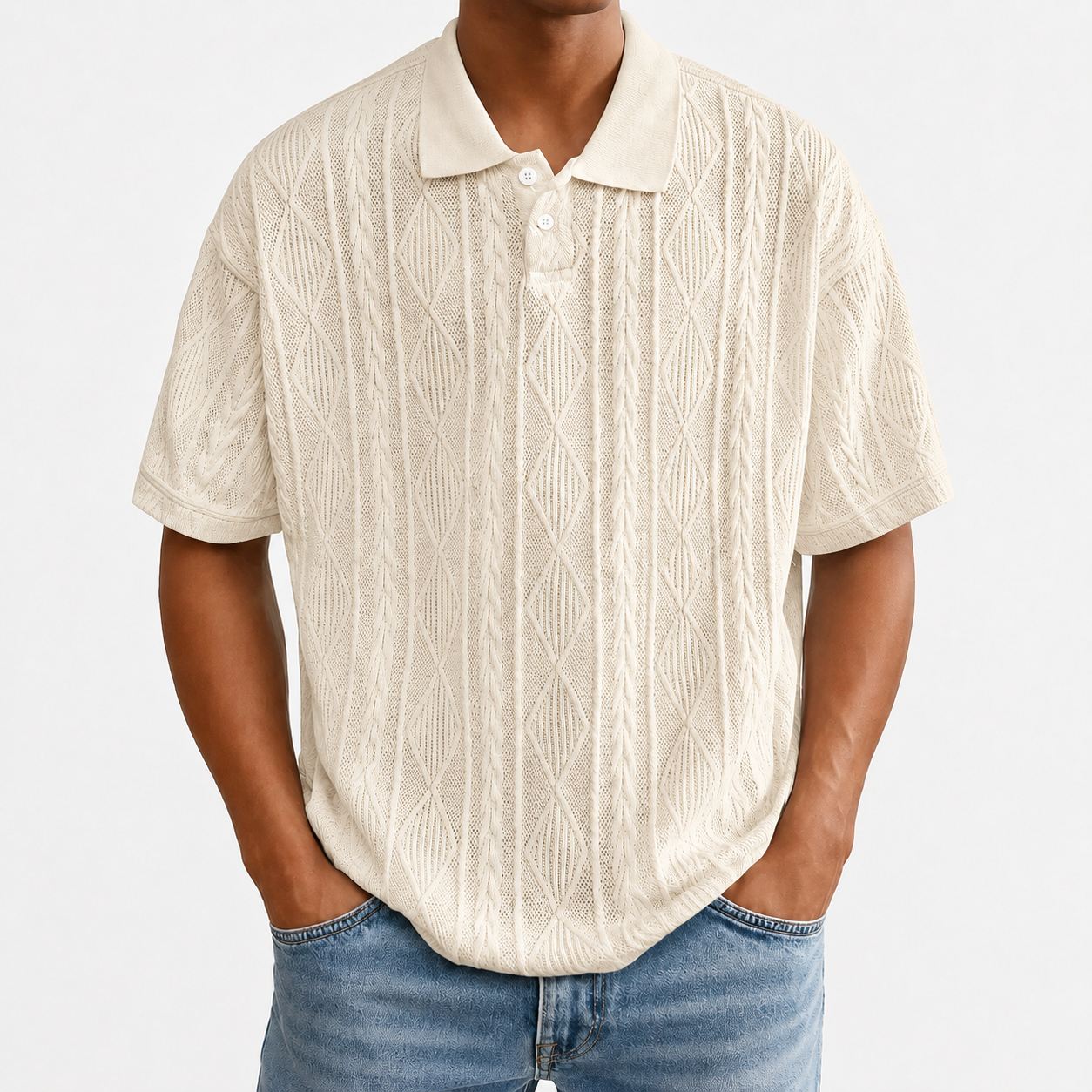 Cream white textured knit polo