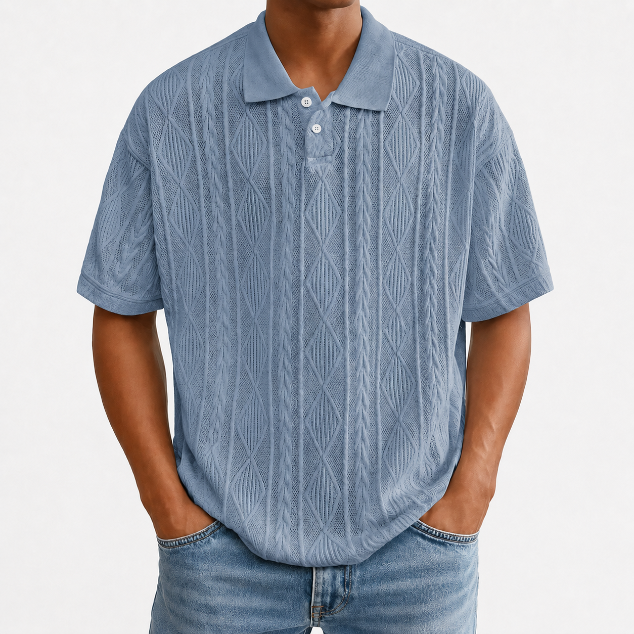 Dusty blue textured knit polo