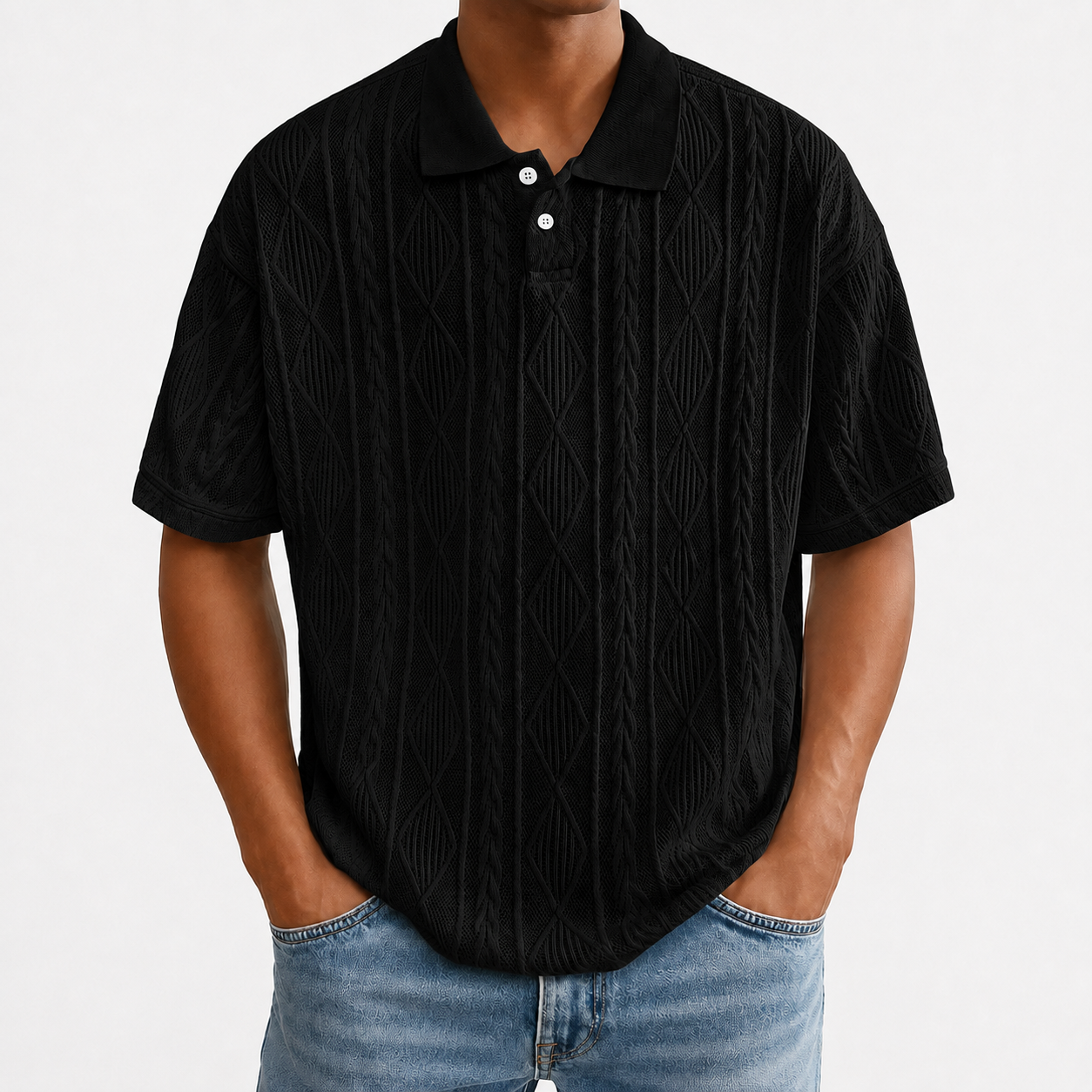 Black textured knit polo