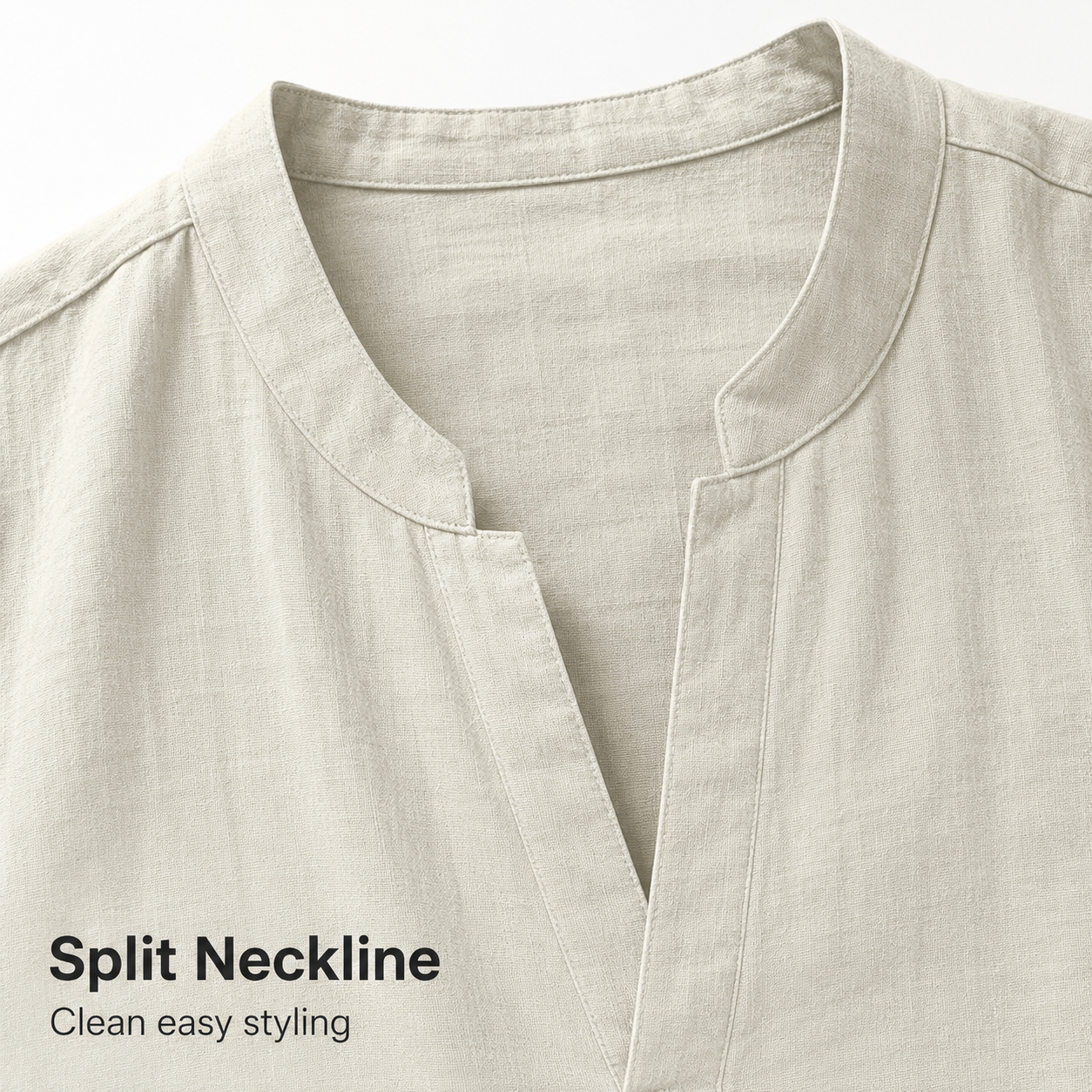 Split neckline and front placket detail on men's sleeveless shirt