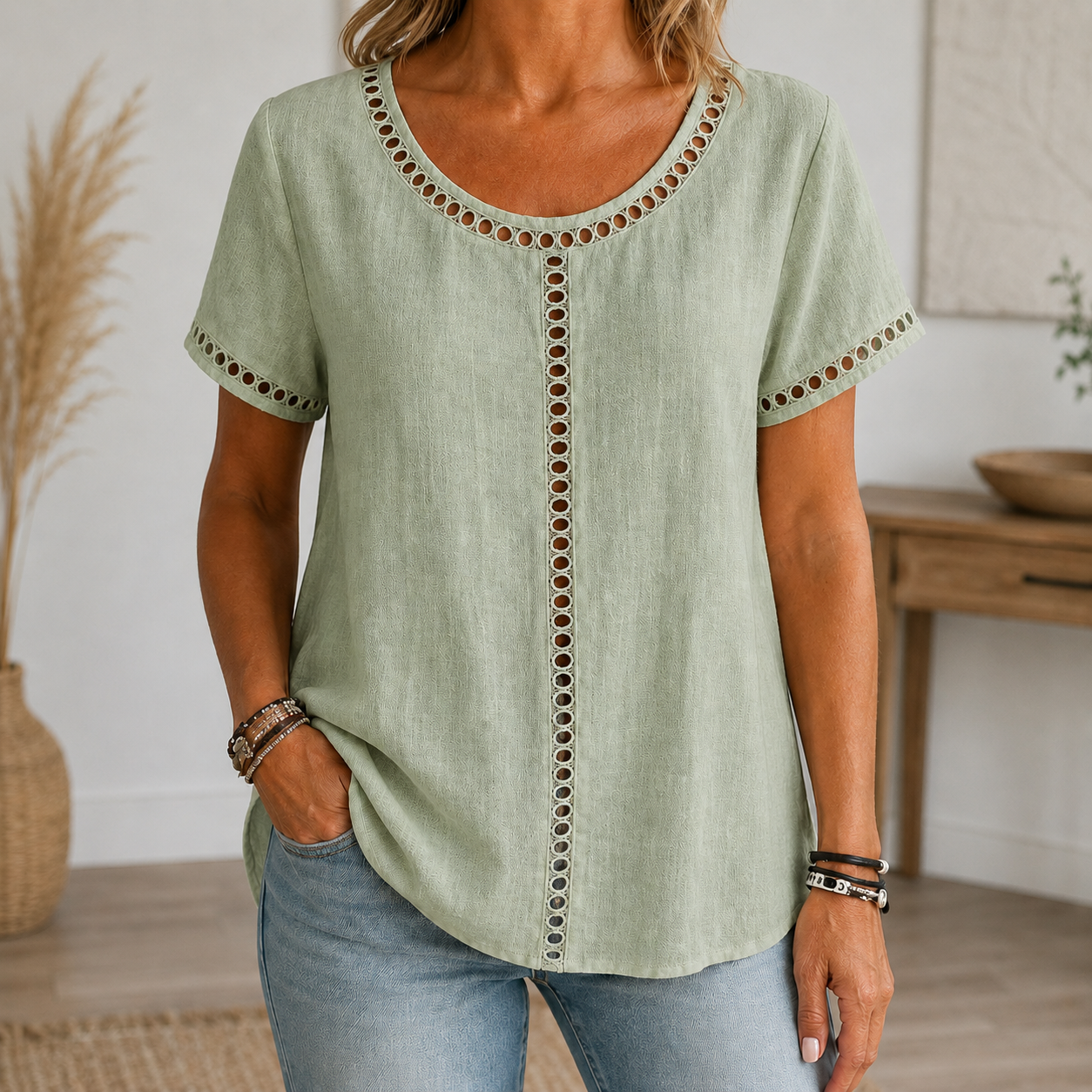 sage green linen-look openwork trim blouse