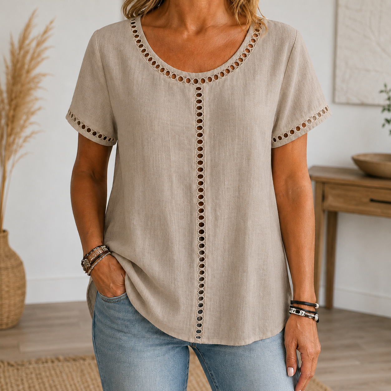 warm taupe linen-look openwork trim blouse