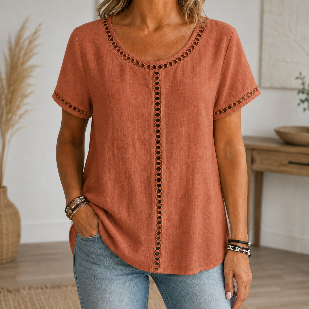terracotta linen-look openwork trim blouse