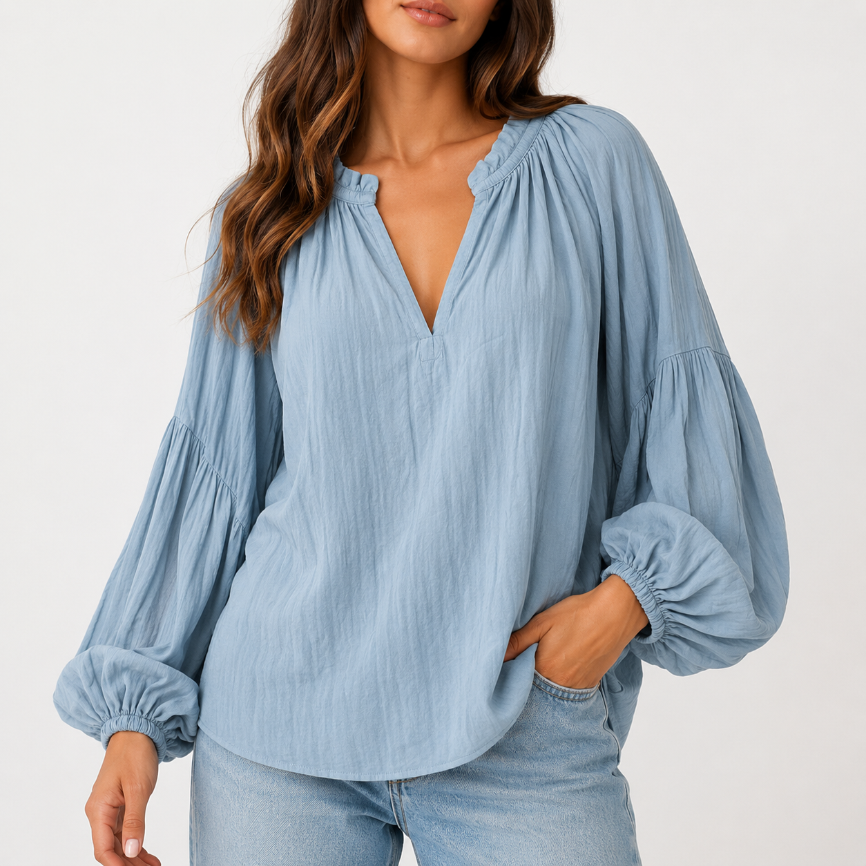 Chambray Blue relaxed crinkle split V-neck blouse
