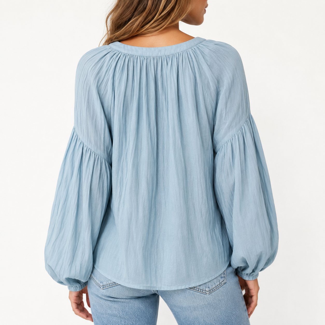 Powder Blue relaxed crinkle split V-neck blouse back view