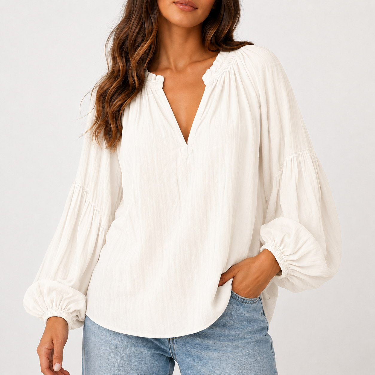 Ivory White relaxed crinkle split V-neck blouse