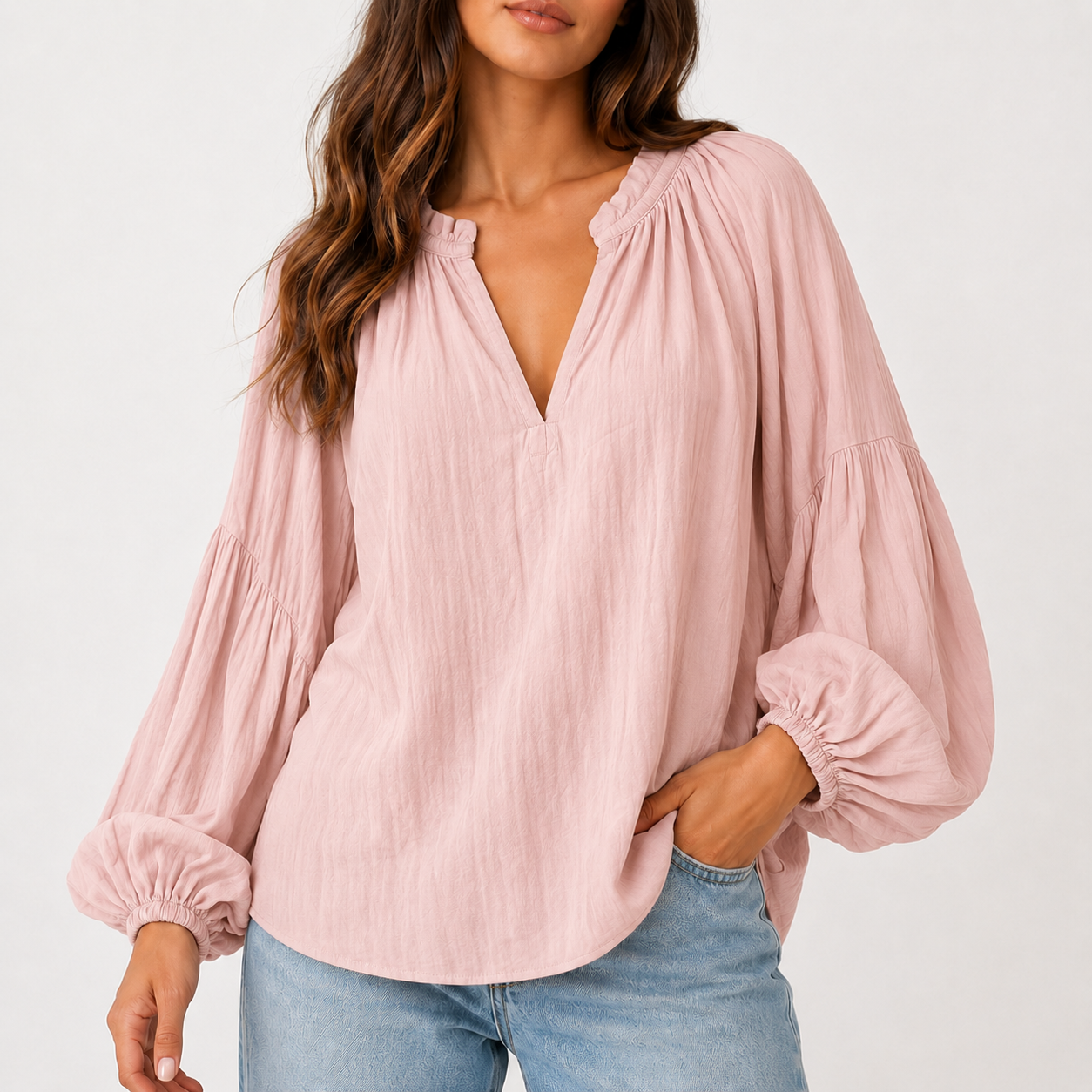 Soft Blush relaxed crinkle split V-neck blouse