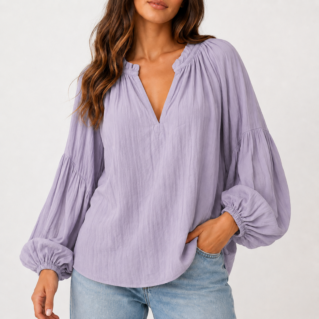 Dusty Lavender relaxed crinkle split V-neck blouse
