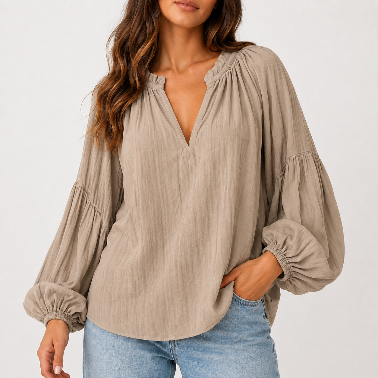 Warm Taupe relaxed crinkle split V-neck blouse