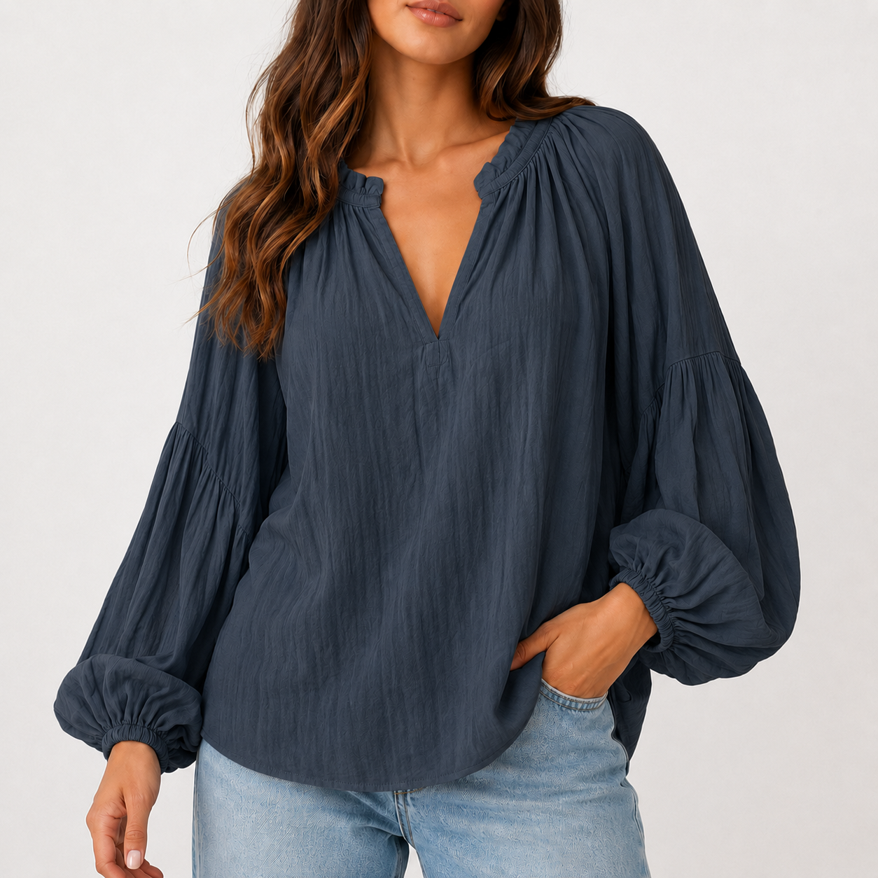 Charcoal Navy relaxed crinkle split V-neck blouse