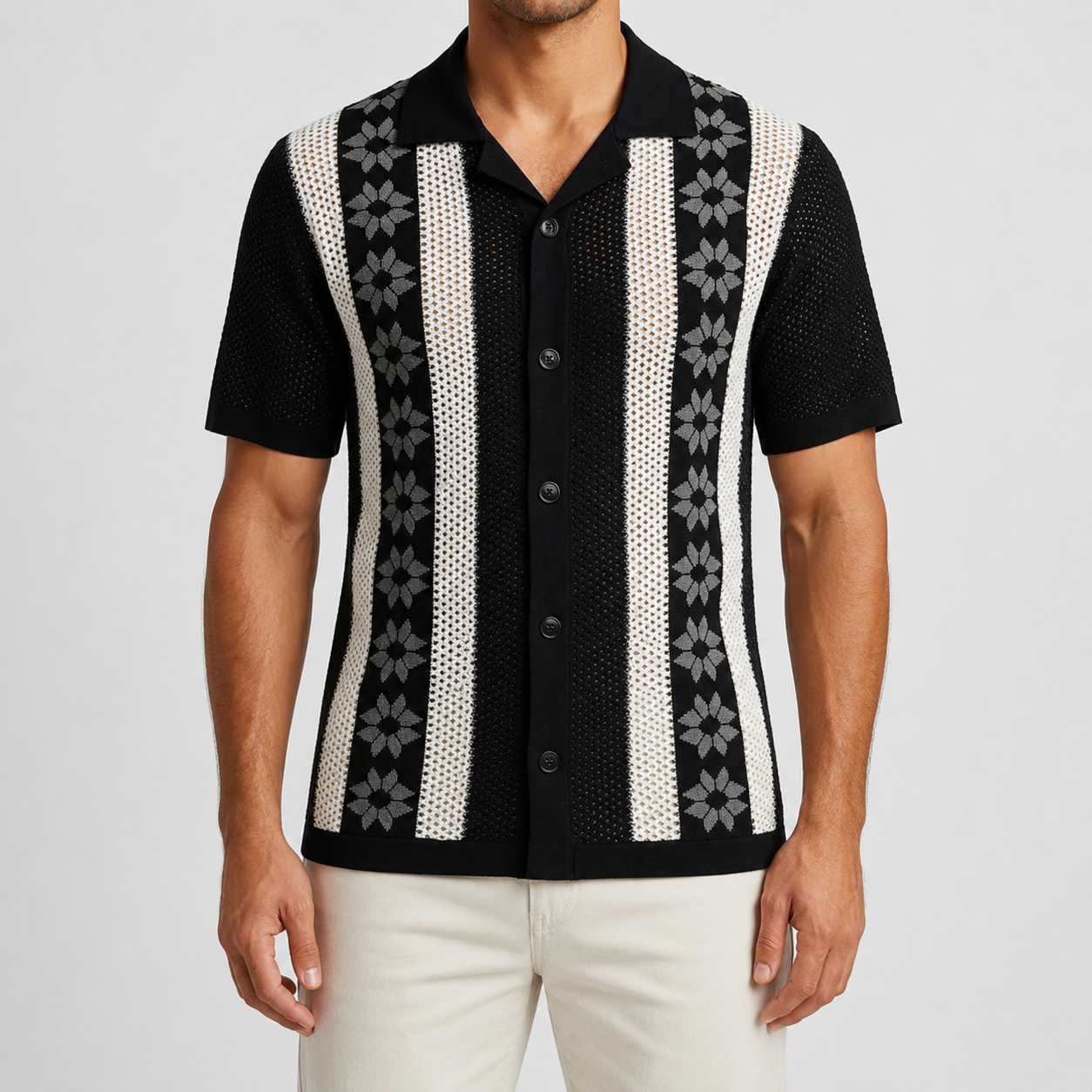 Jet Black open collar textured knit shirt front view