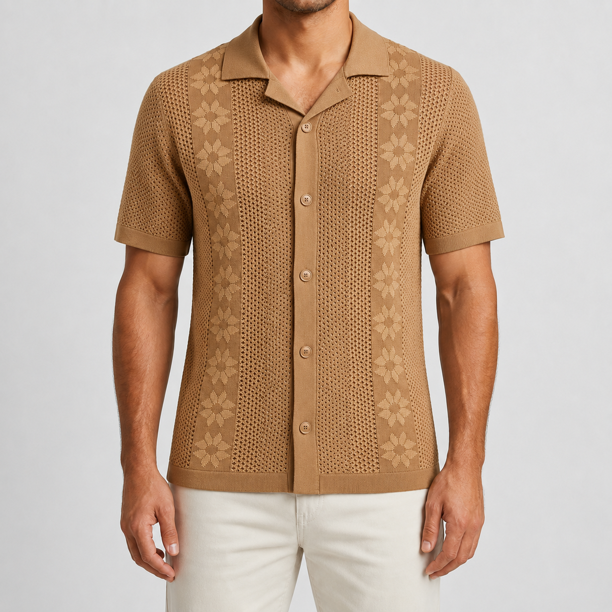 Camel Tan open collar textured knit shirt model view