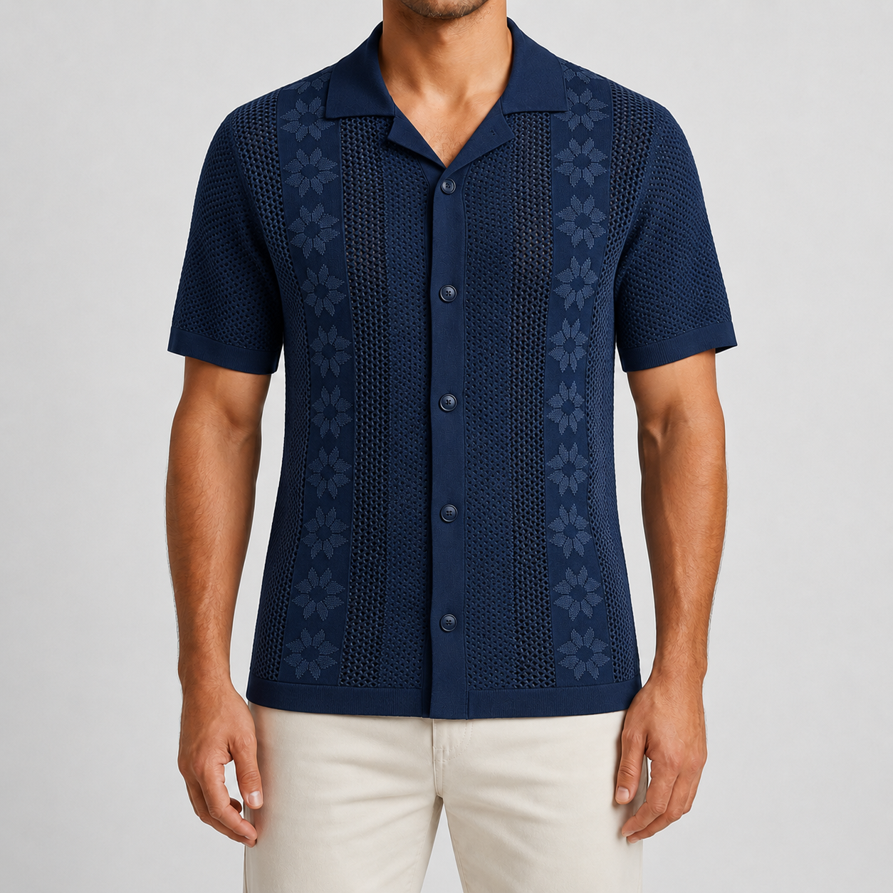 Navy Blue open collar textured knit shirt model view