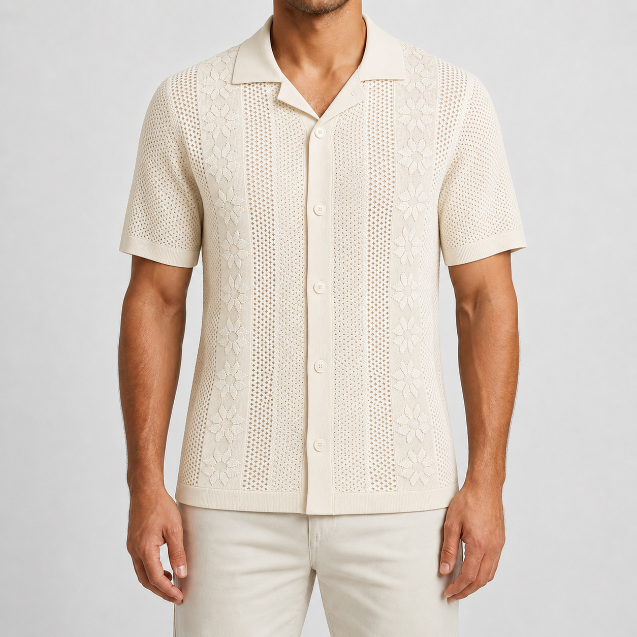 Ivory Cream open collar textured knit shirt model view