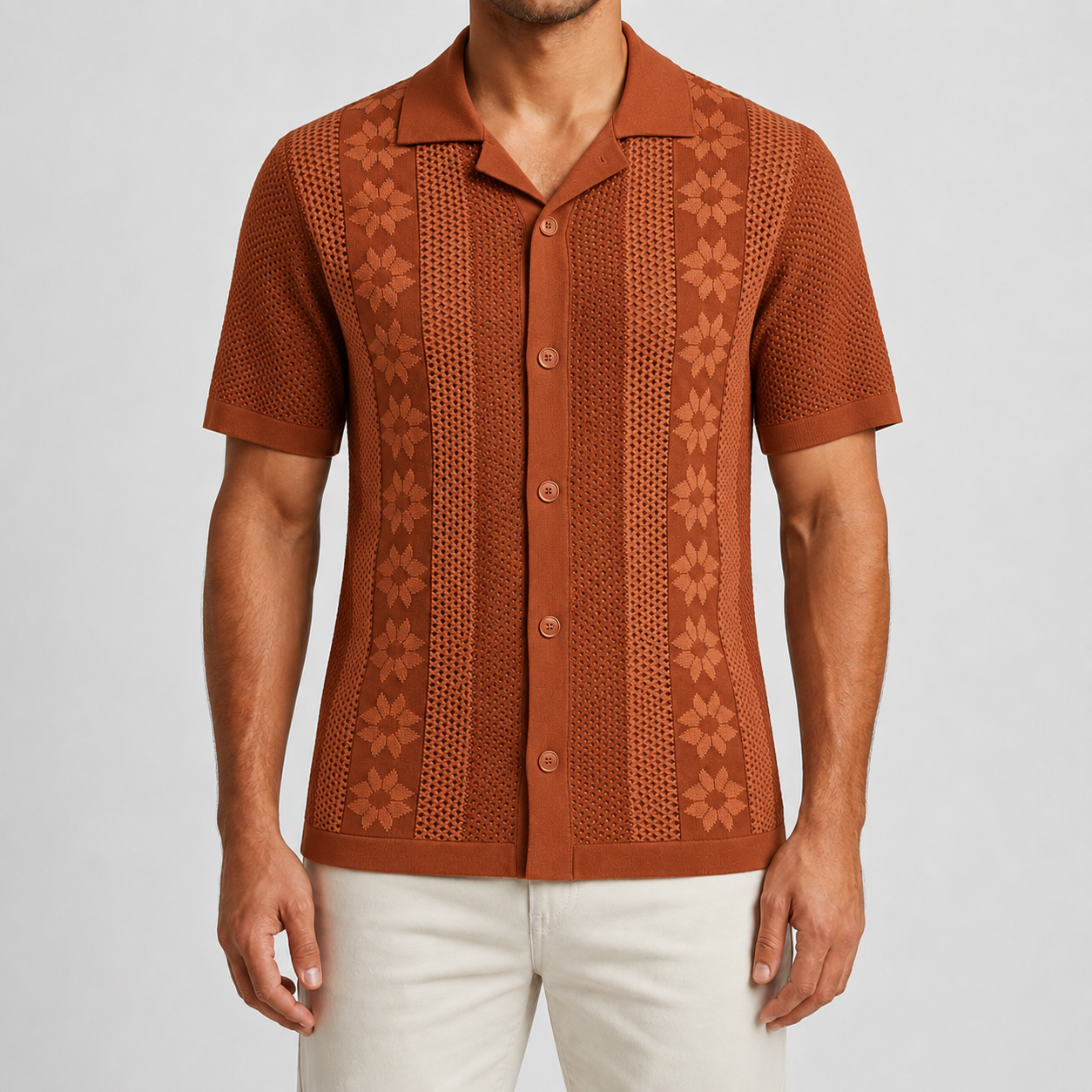 Rust Brown open collar textured knit shirt model view