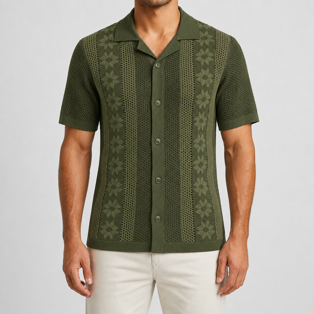 Olive Green open collar textured knit shirt model view