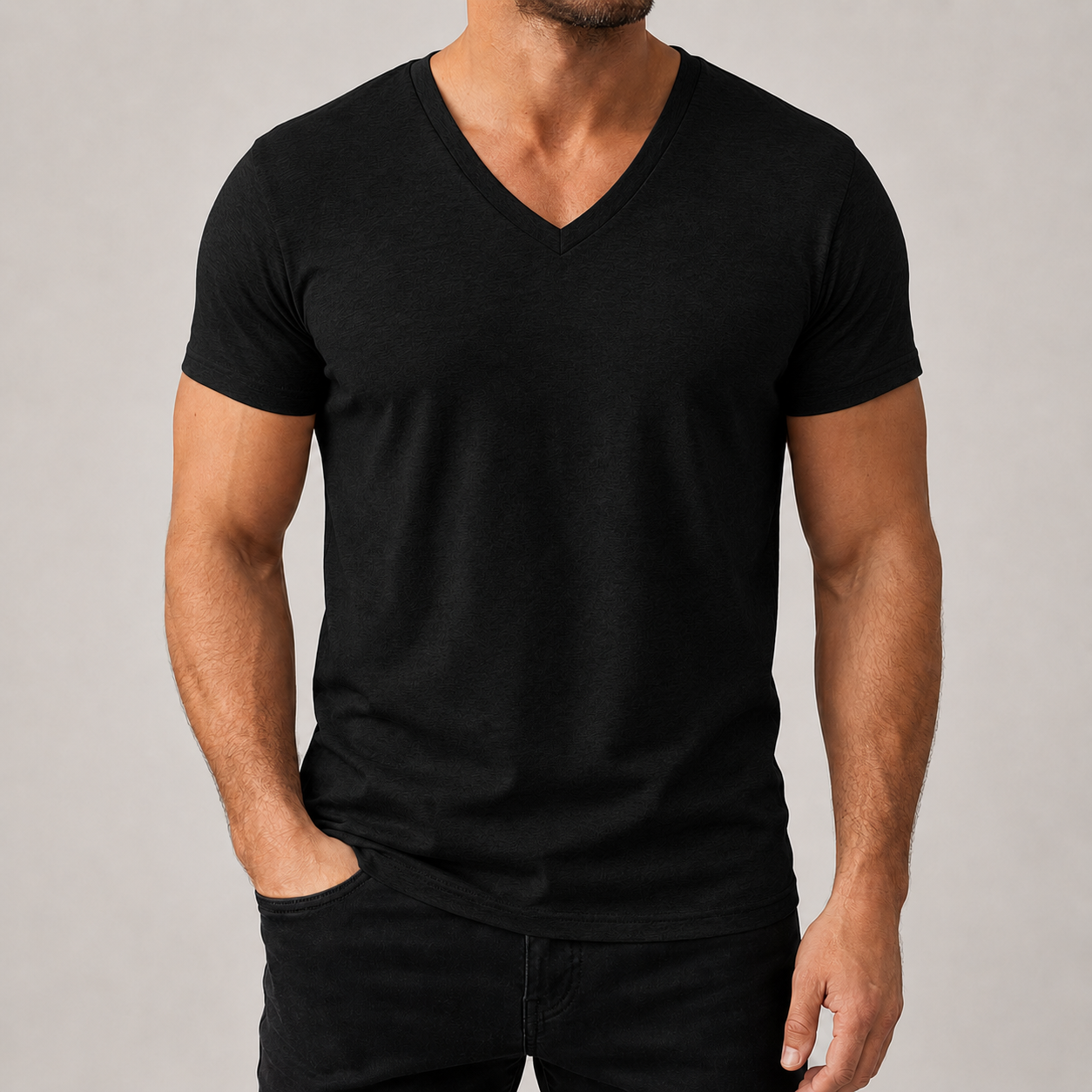 Men's black V-neck short sleeve T-shirt