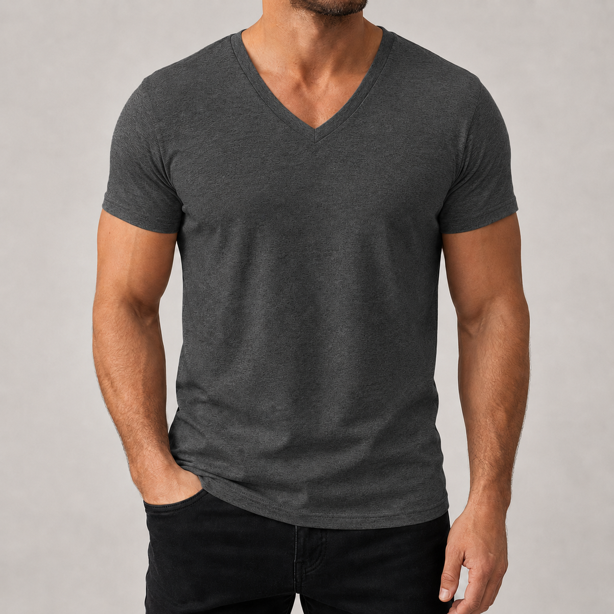Men's charcoal heather V-neck short sleeve T-shirt