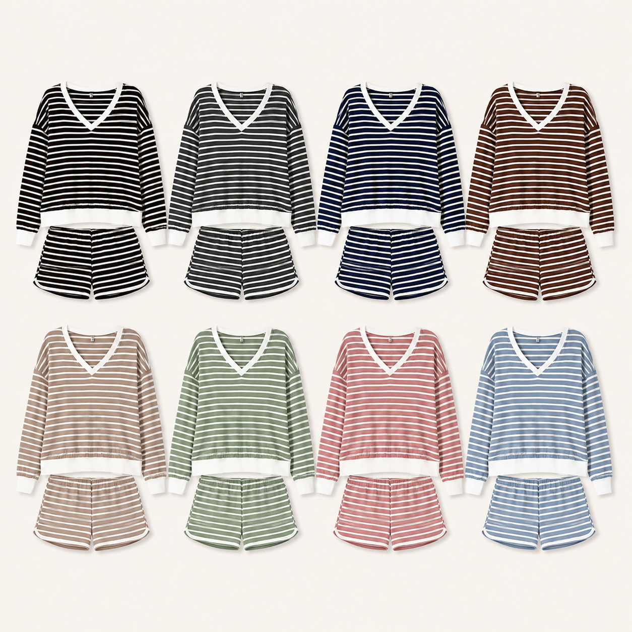 Womens Striped V-Neck Lounge Set, Long Sleeve Top and Shorts Pack