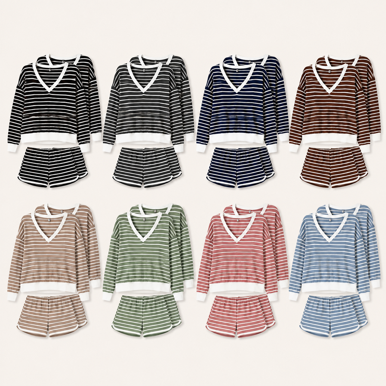 Womens Striped V-Neck Lounge Set, Long Sleeve Top and Shorts Pack