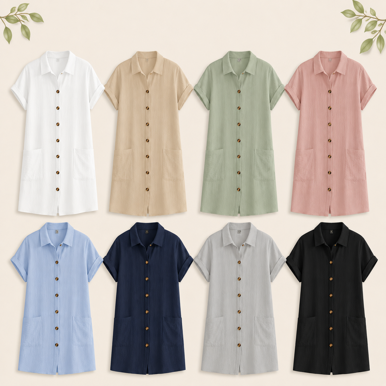 Women's Crinkle Button Down Shirt Dress Sets