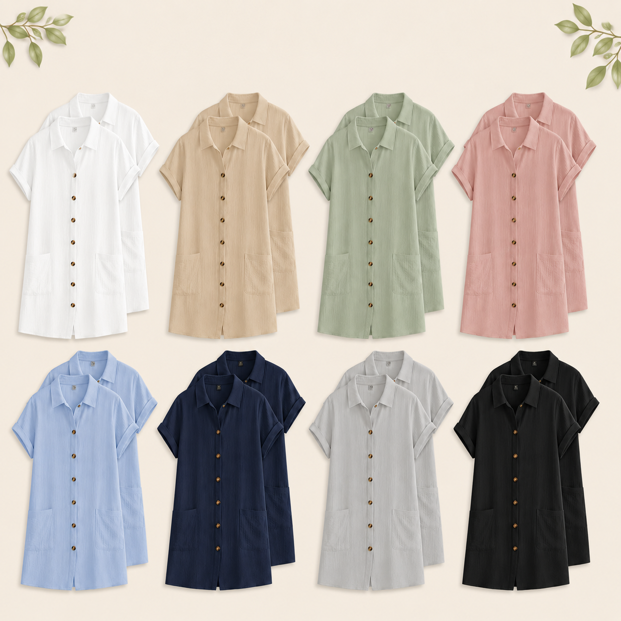 Women's Crinkle Button Down Shirt Dress Sets