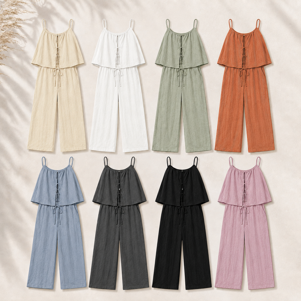 Women's Textured Tie-Front Cami and Wide-Leg Pants Set Bundle