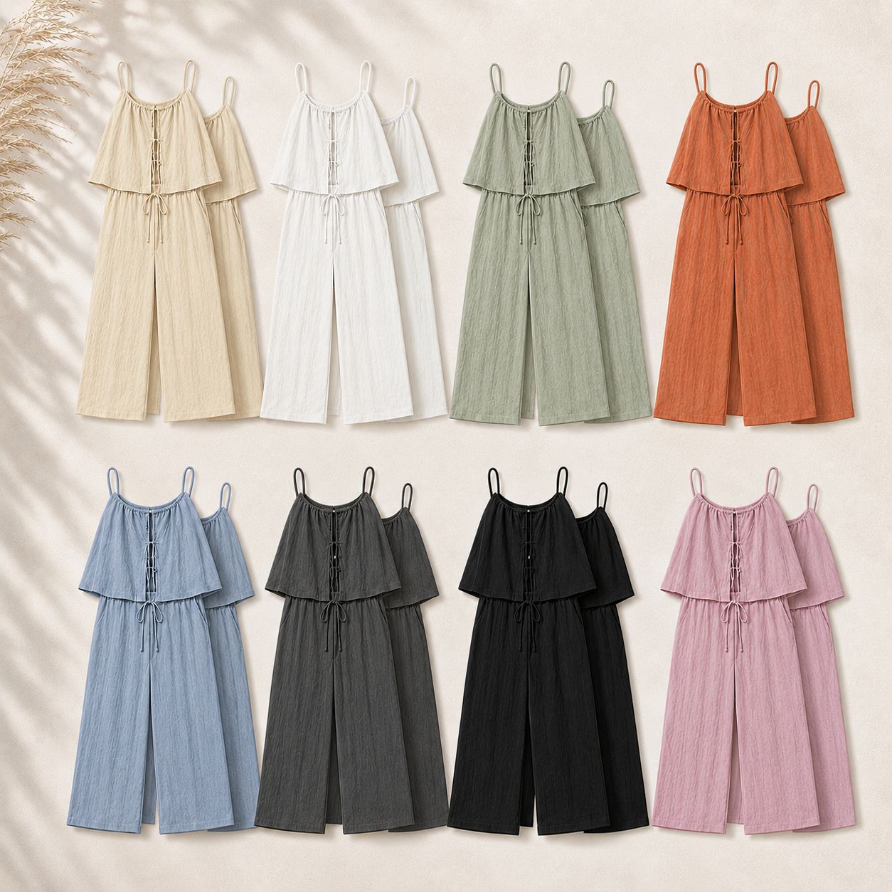 Women's Textured Tie-Front Cami and Wide-Leg Pants Set Bundle