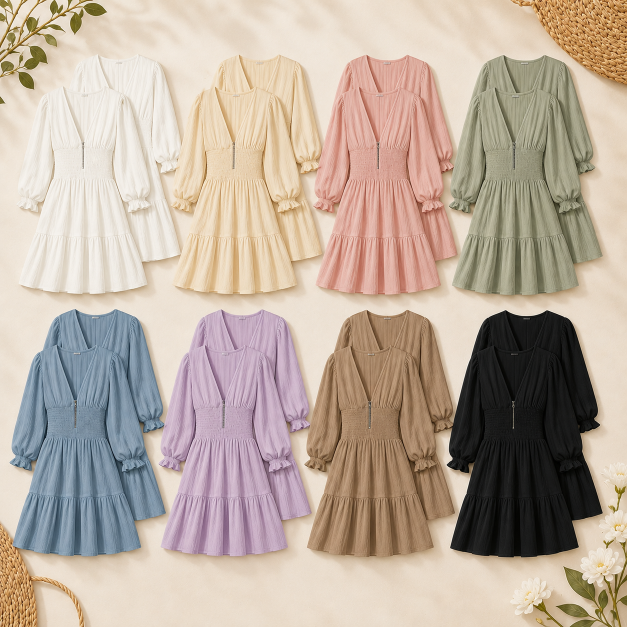 V-Neck Smocked Waist Puff Sleeve Mini Dress Pack