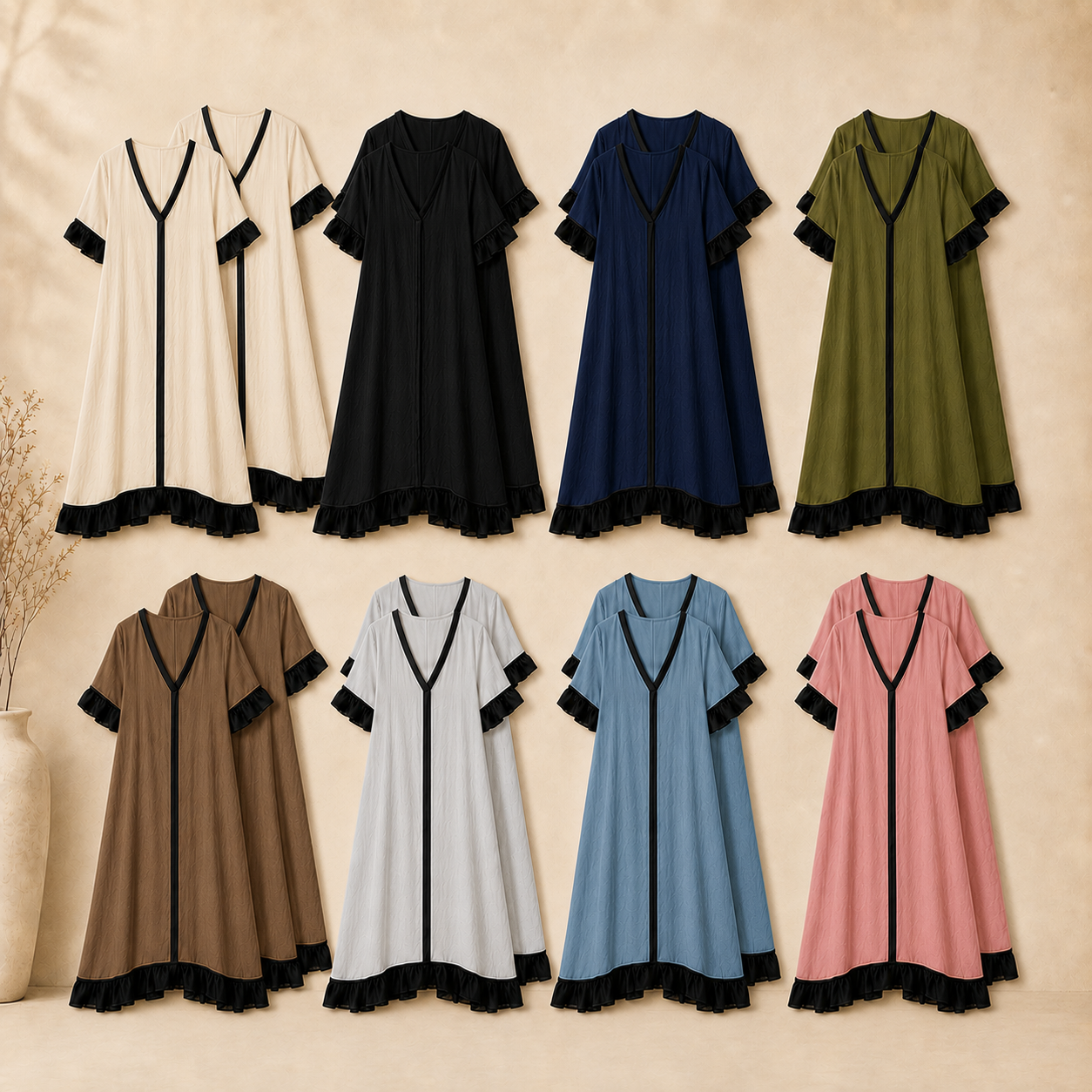 Women's Contrast V-Neck Ruffle Hem Maxi Dress Pack