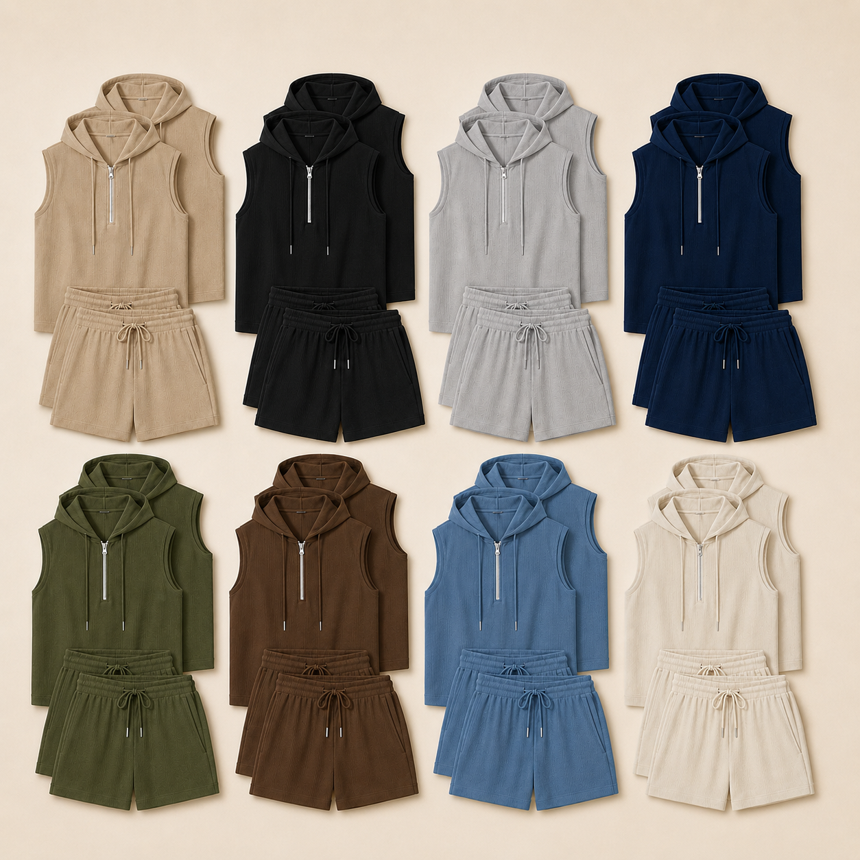 Men's Sleeveless Half Zip Hoodie and Shorts Bundle