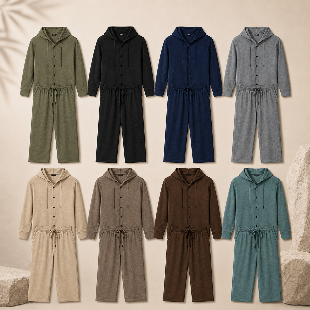 Men's Textured Hooded Button Two-Piece Set