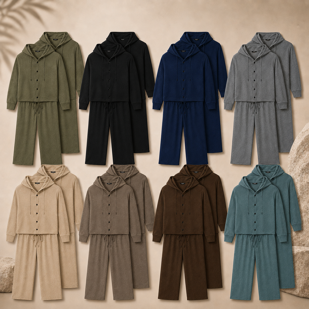 Men's Textured Hooded Button Two-Piece Set