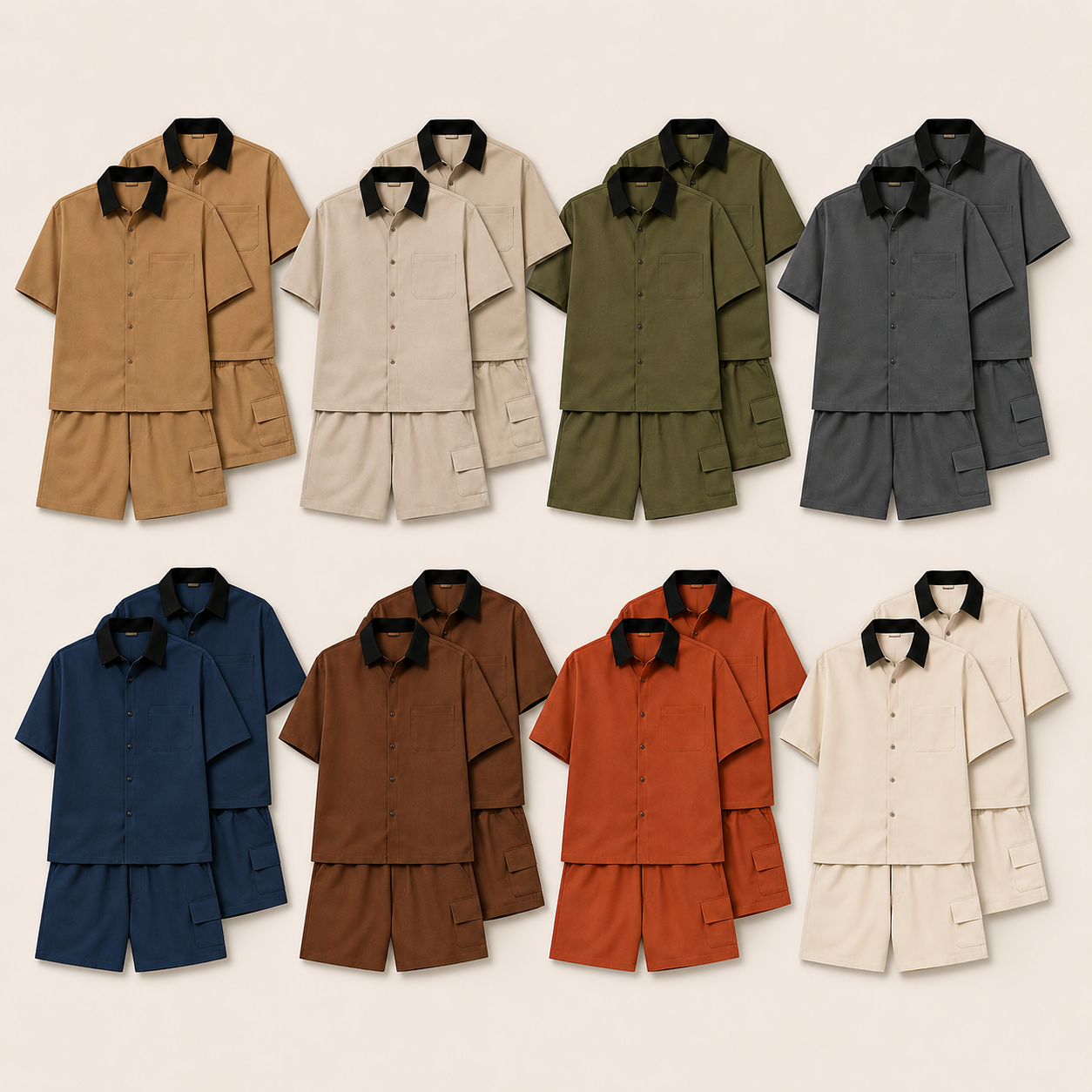 Men's Relaxed Contrast Collar Shirt and Cargo Shorts Set Bundle