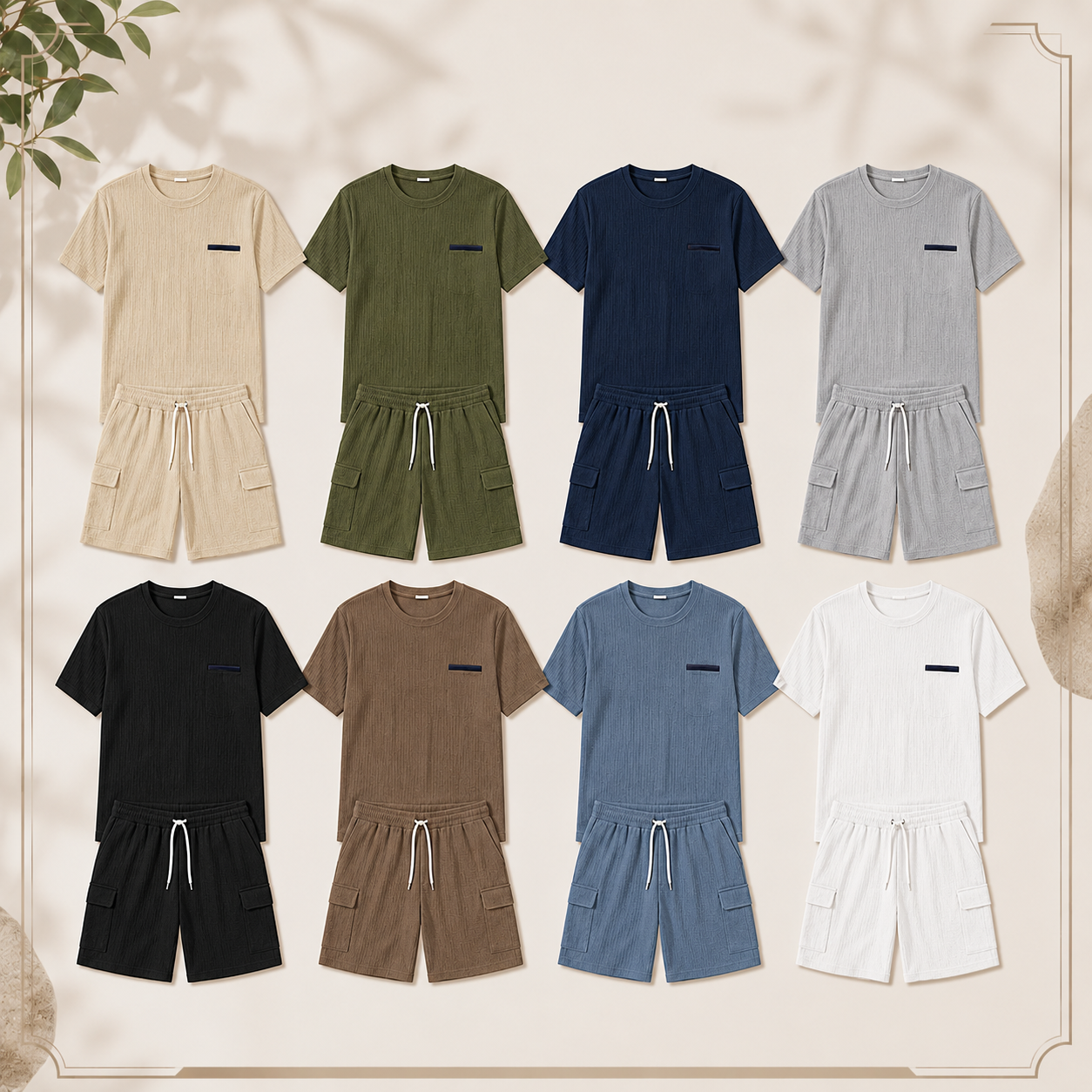 Men's Waffle Textured T-Shirt and Cargo Shorts Pack