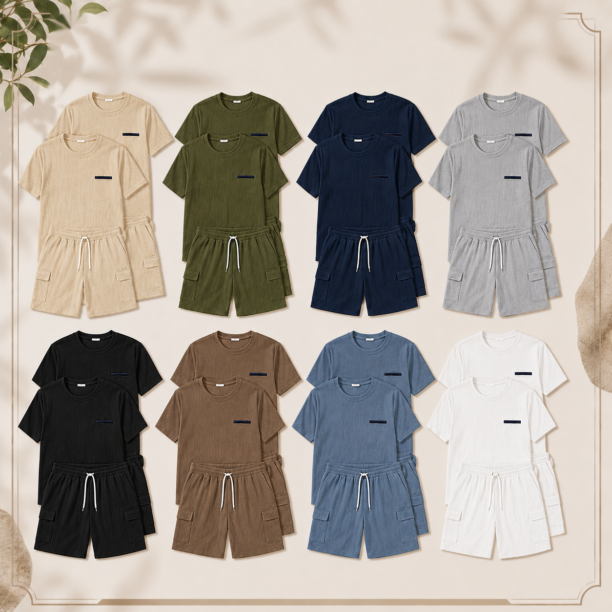 Men's Waffle Textured T-Shirt and Cargo Shorts Pack