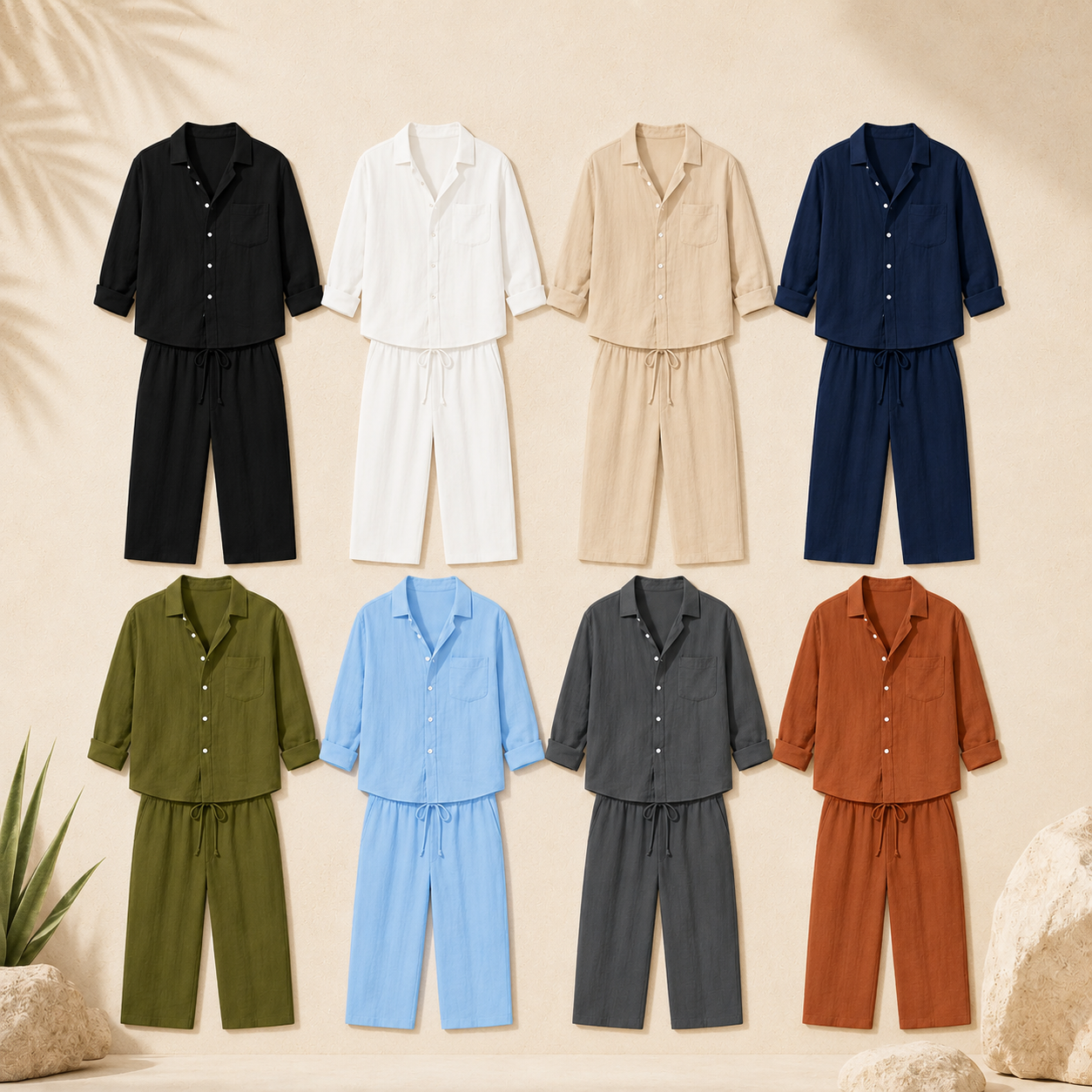 Men's Linen Look Resort Shirt and Pants Multi Pack