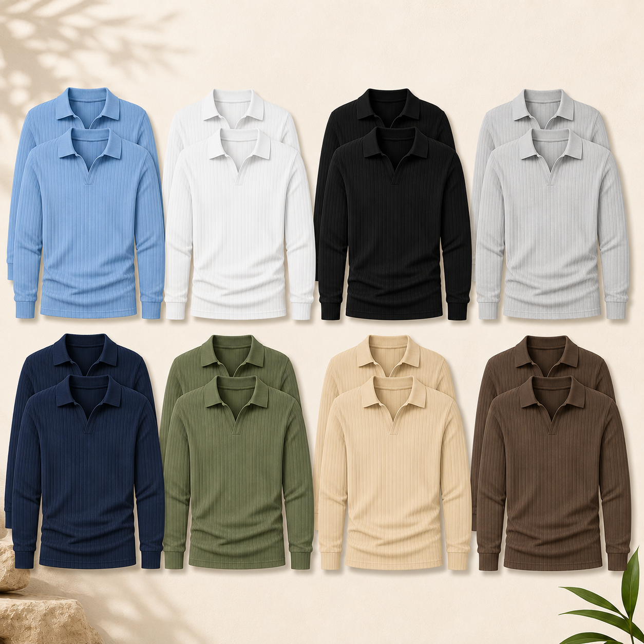 Men's Ribbed Long Sleeve Polo Shirt Pack