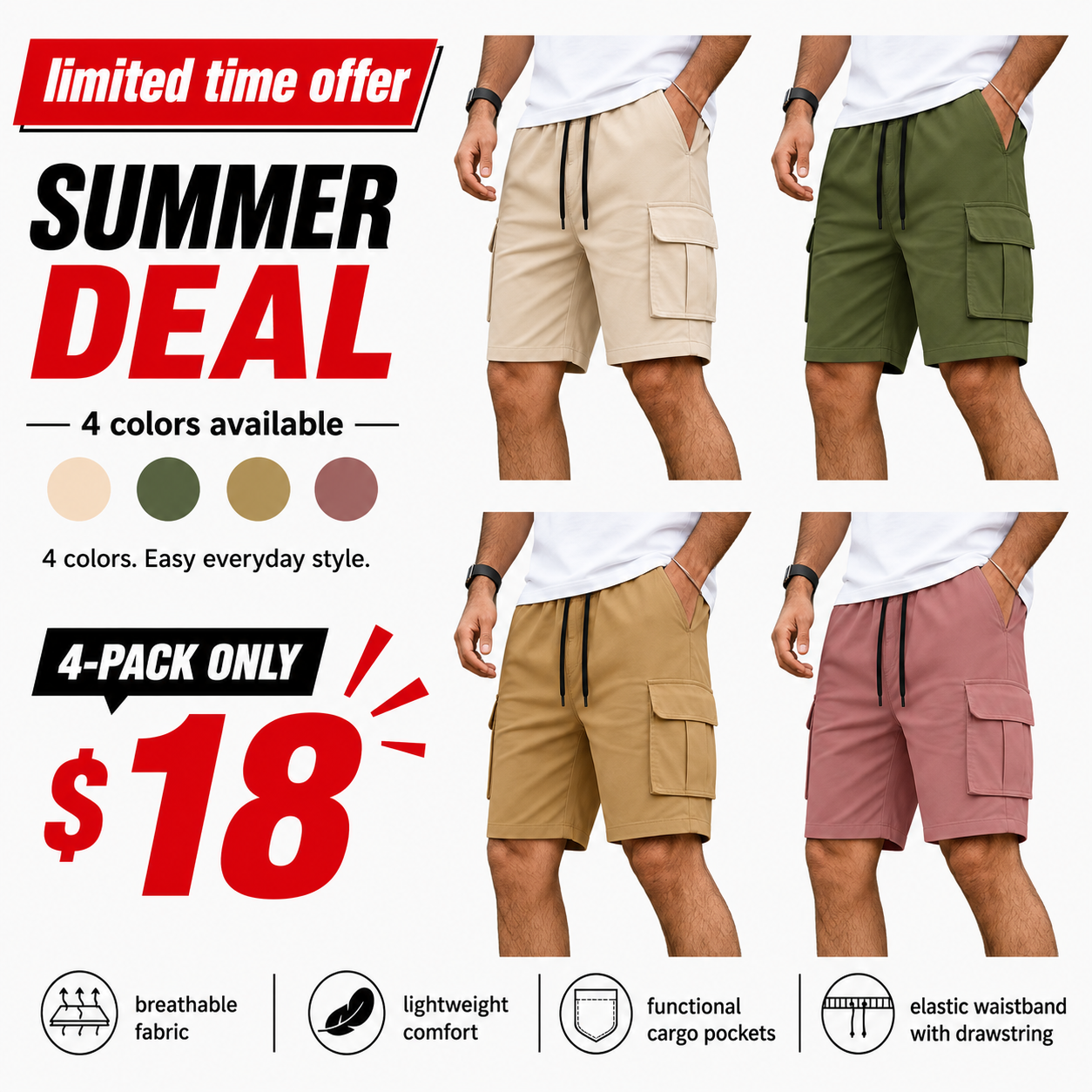 Men’s summer cargo shorts available in  eight colors; multi-pocket design with an adjustable drawstring waist; versatile for outdoor travel and everyday home wear; 5-inch inseam men’s shorts.