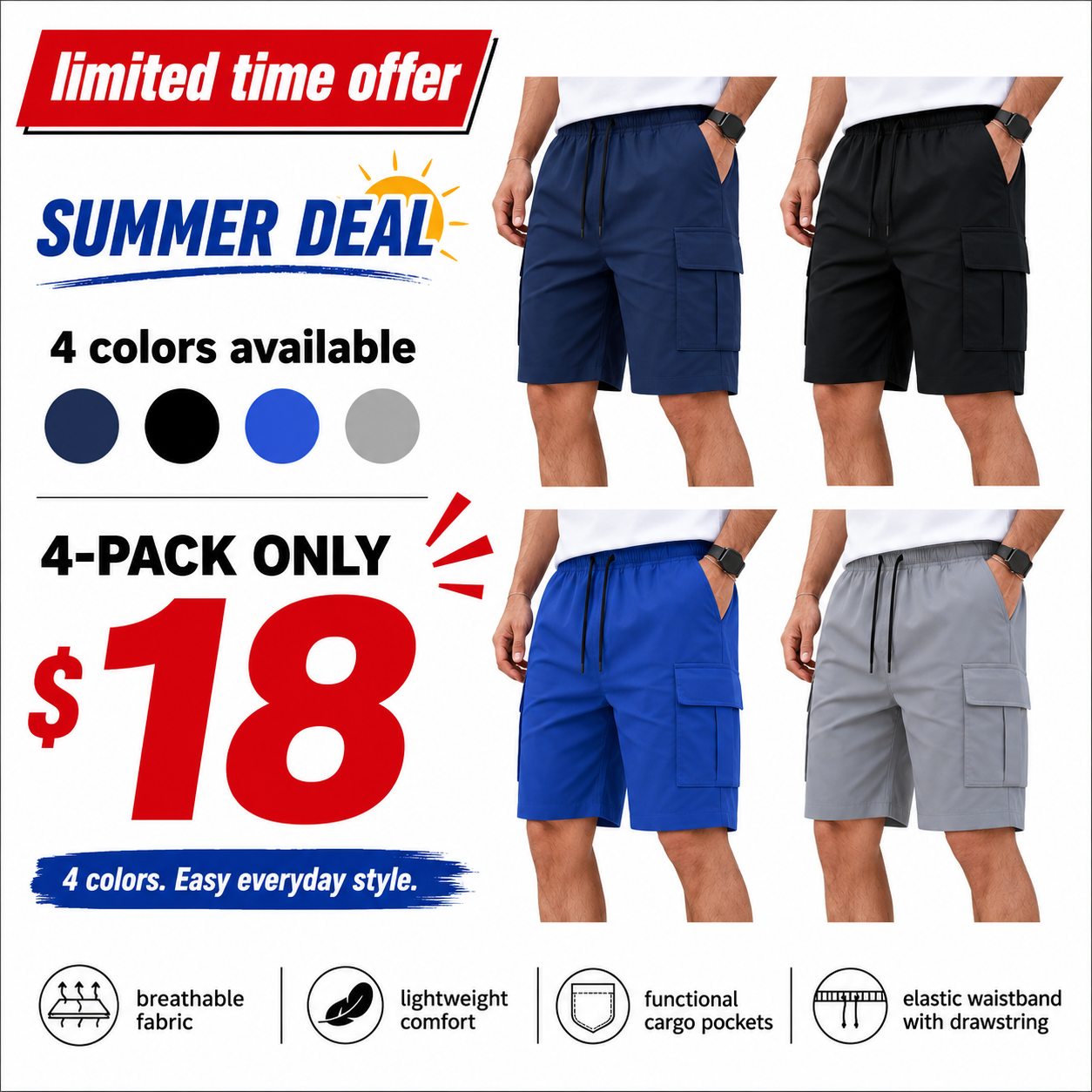Men’s summer cargo shorts available in  eight colors; multi-pocket design with an adjustable drawstring waist; versatile for outdoor travel and everyday home wear; 5-inch inseam men’s shorts.