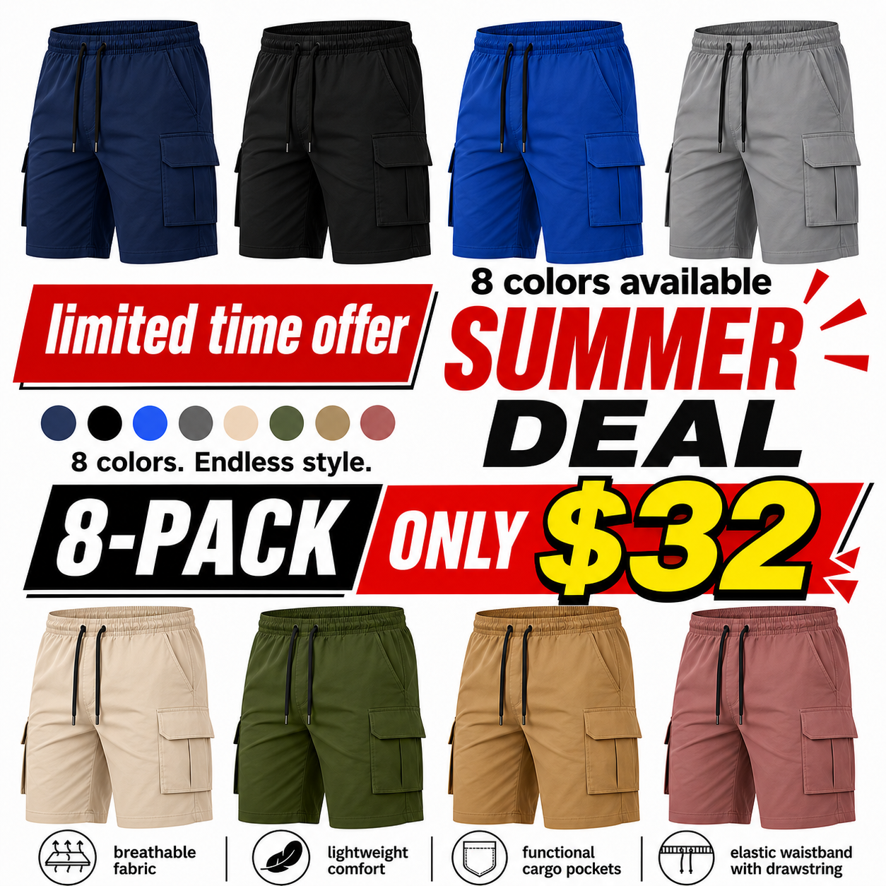 Men’s summer cargo shorts available in  eight colors; multi-pocket design with an adjustable drawstring waist; versatile for outdoor travel and everyday home wear; 5-inch inseam men’s shorts.