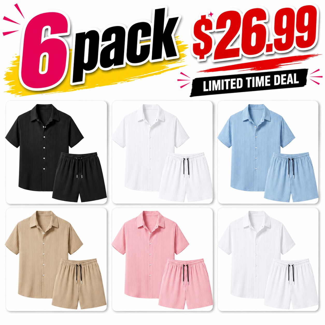 Men's Regular Fit Short Sleeve Shirt & Shorts Set ((8-Pack)