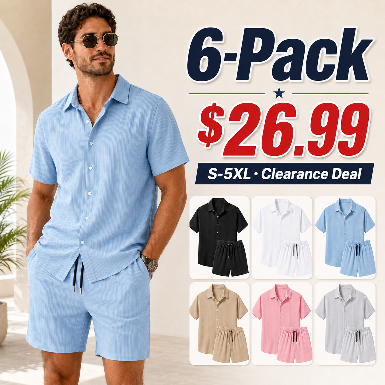 Men's Regular Fit Short Sleeve Shirt & Shorts Set ((6-Pack)
